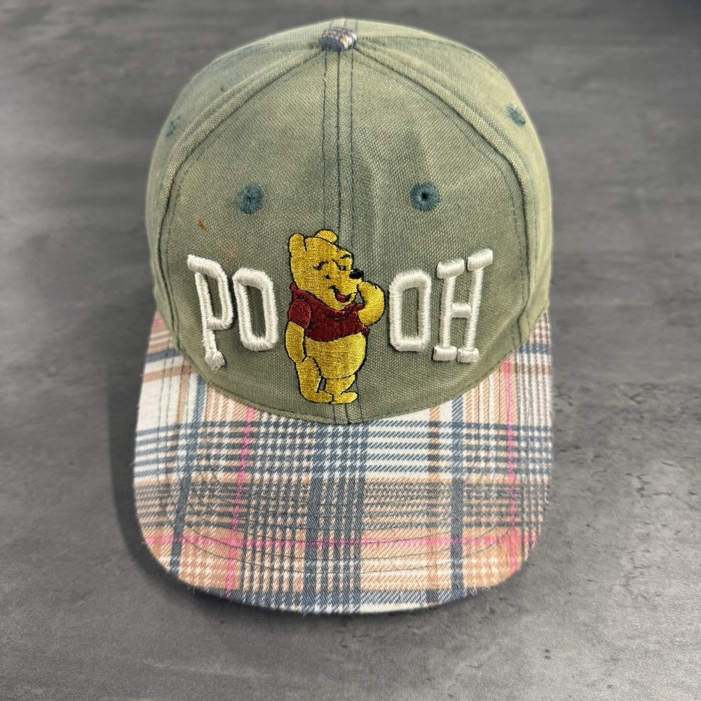 Vintage Disney Store Winnie‎ The Pooh Hat Green Denim Plaid Faded Trucker Thrash